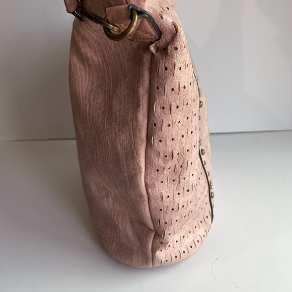 Paula Rossi Faux Leather Tote Large Pink Studded Crossbody Travel Boho Purse - Picture 6 of 11